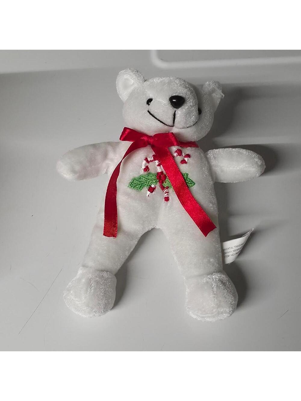 Vintage The Meaning of the Candy Cane Plush Bear White Velvet with Red Ribbon.